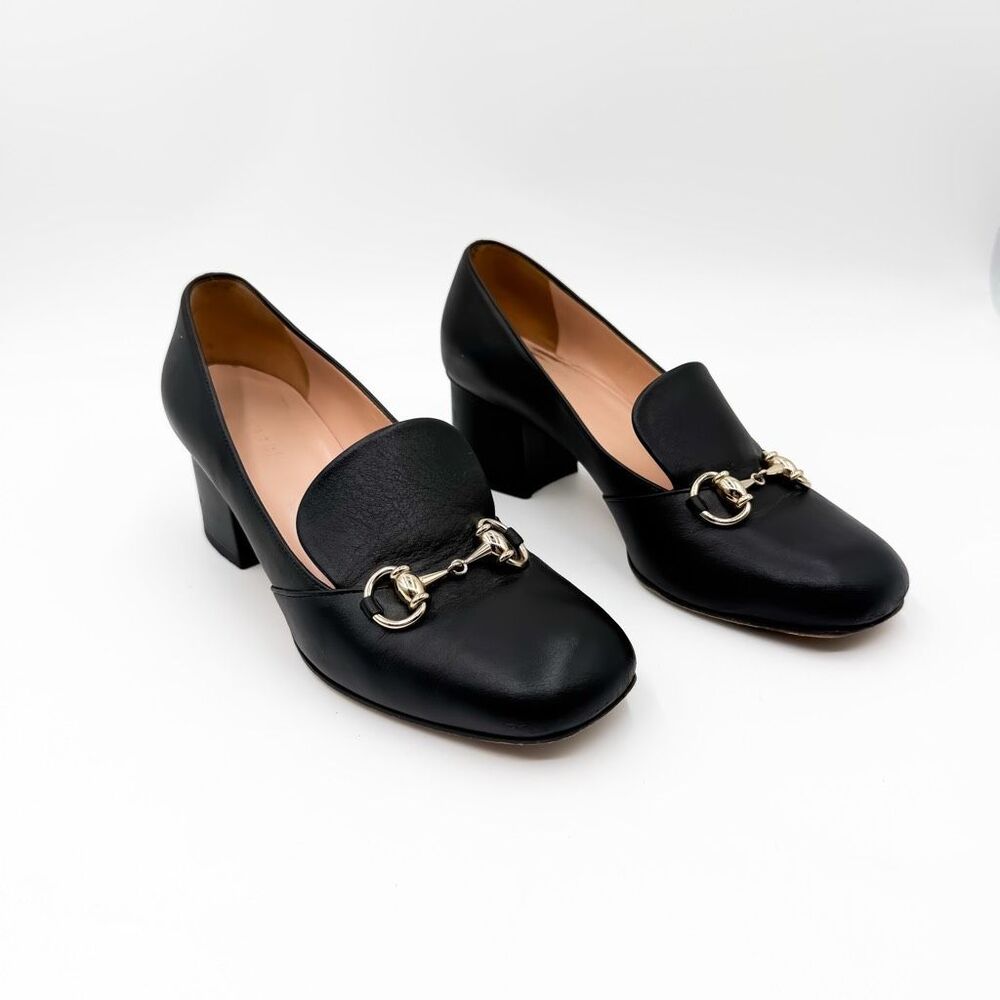 Gucci Horsebit Loafers Black Leather Pumps Square Toe Size 37,7